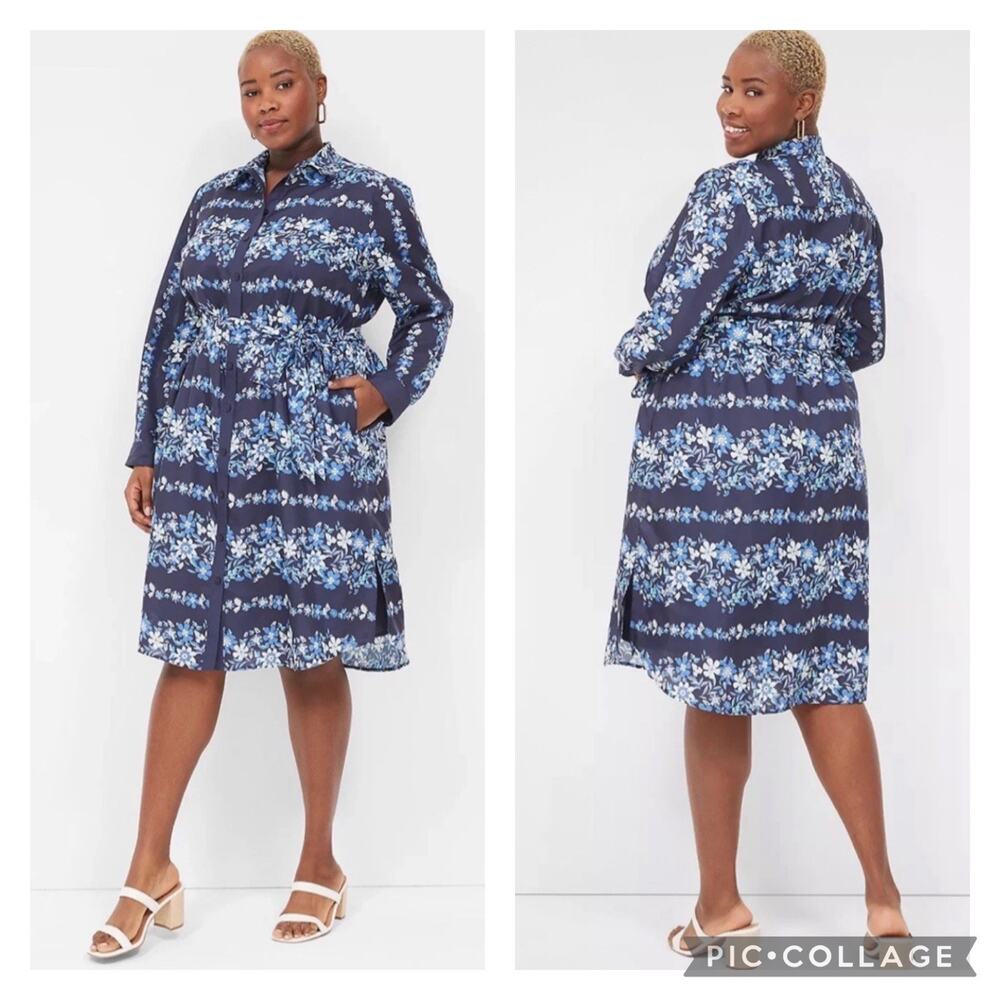 Lane Bryant Blue Floral Shirt Dress Midi Length Plus Size 18